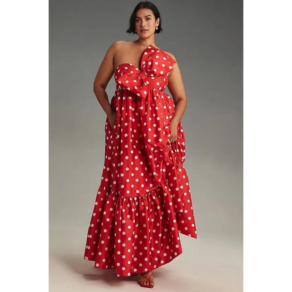 NEW Anthropologie x ATSU Red Polka-Dot Sally Bow Statement One Shoulder Dress XS - Picture 3 of 12